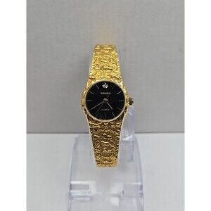 Vintage Gruen Diamond Gold Nugget Black Dial Womens Quartz Watch New Battery